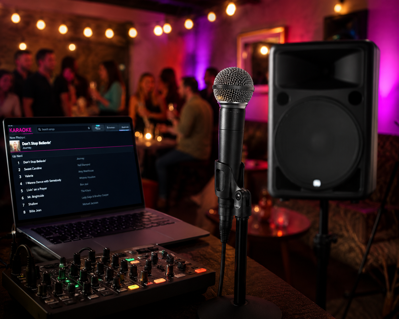 Professional karaoke setup with microphone, mixer, laptop, and speaker at a bar venue